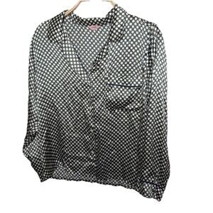 Eberjey Womens 100% Silk Pajama Top Green Cream Button Front Long Sleeve Size S